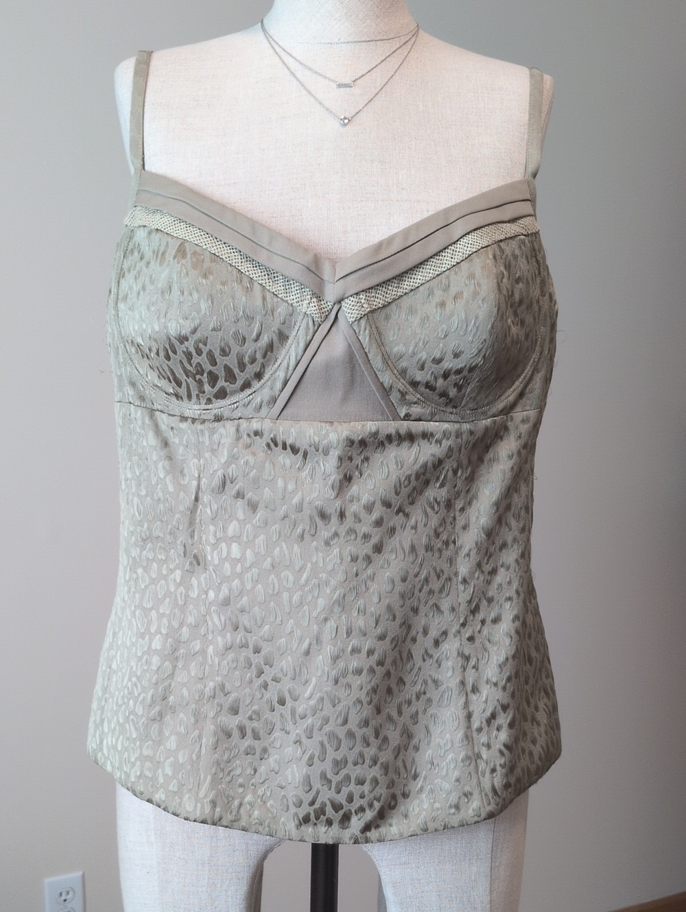 Elie Tahari L Taupe Green Animal-Jacquard Lace-Trim Bandeau Cami